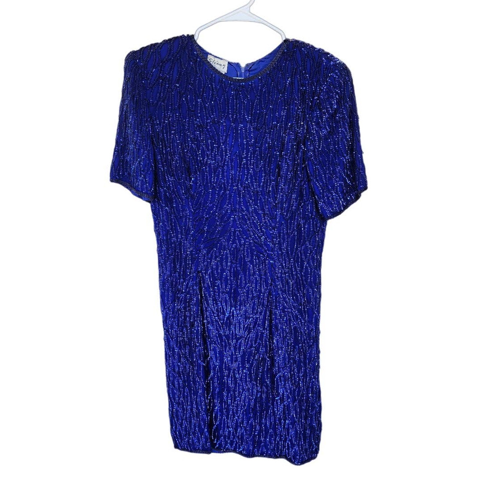Vintage 90s Stenay Beaded Silk Blue Sequin Embellished Dress Size‎ 12